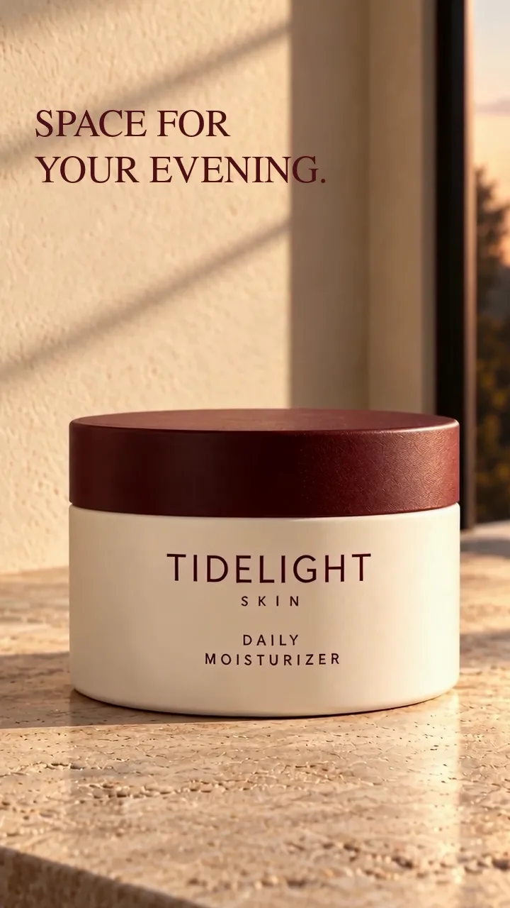 Frame from the finished TIDELIGHT SKIN film with the SPACE FOR YOUR EVENING. title above the product.