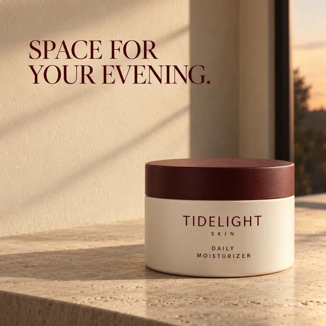 Square TIDELIGHT SKIN concept: a cream jar with a burgundy lid on a warm stone counter, below SPACE FOR YOUR EVENING.