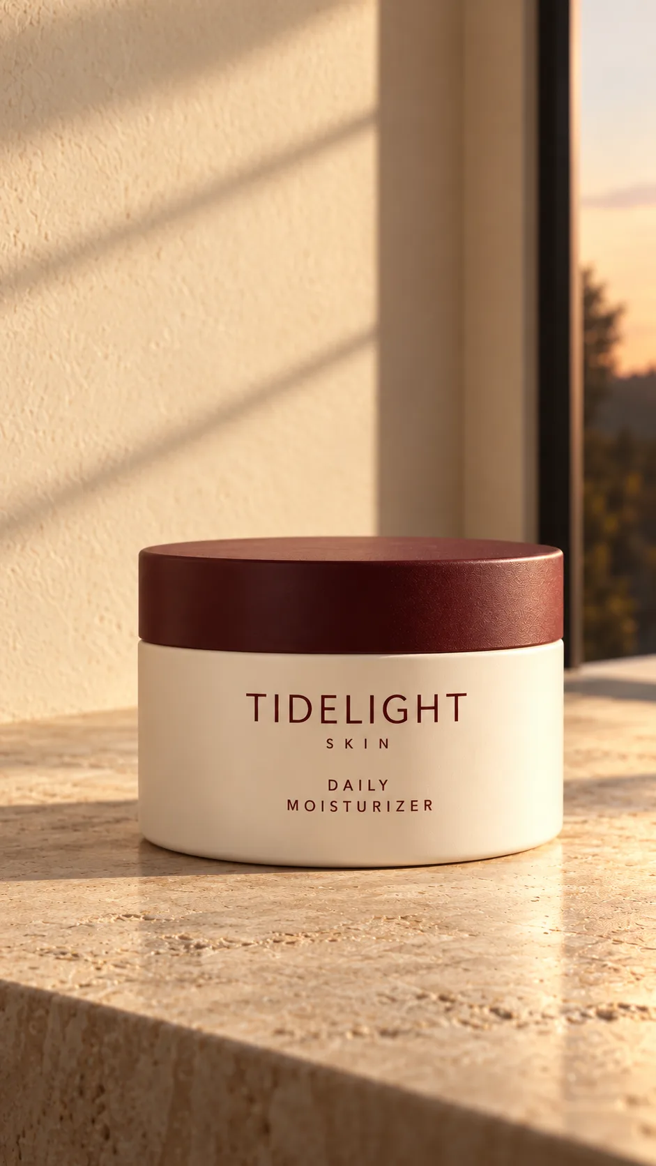 Portrait reconstruction of the cream jar on the stone counter, with warm window light and open space above the product.